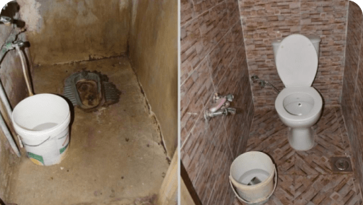 Two toilets side by side: On the left, a traditional pit toilet. and on the right, the transformed result after renovation by SMRO into a modern water system toilet.